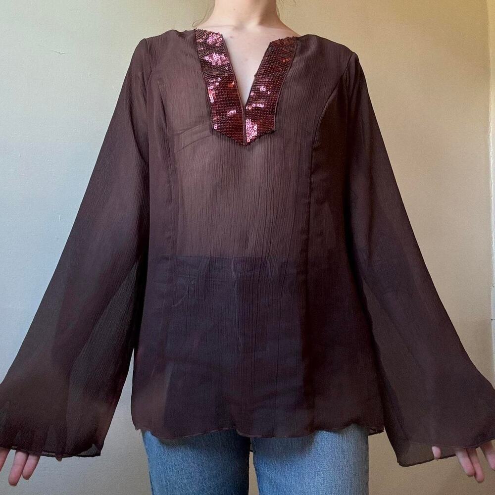 Vintage Soulmates Sheer Brown Sequined Blouse Small Witchy 70s Stevie Nicks - Picture 2 of 3